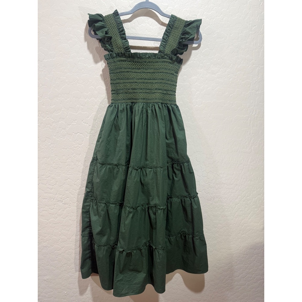 Hill House Home Ellie Nap Dress Green Smocked Tiered Midi Ruffle Strap XS